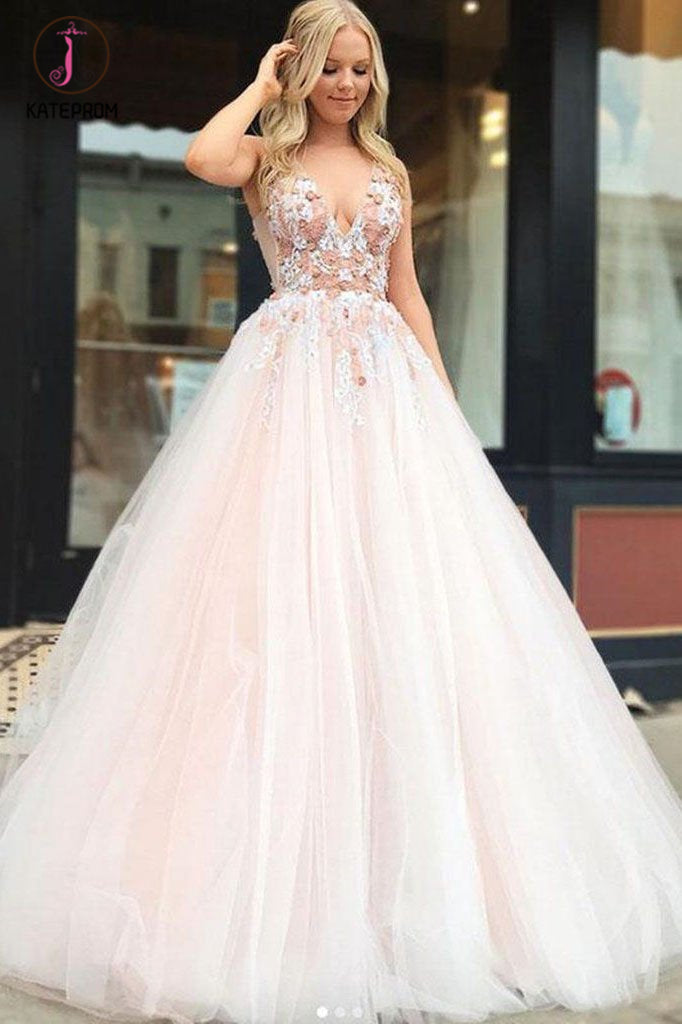 Light Pink V Neck Sleeveless Tulle Prom Dress with Flowers and Beads KPP1101