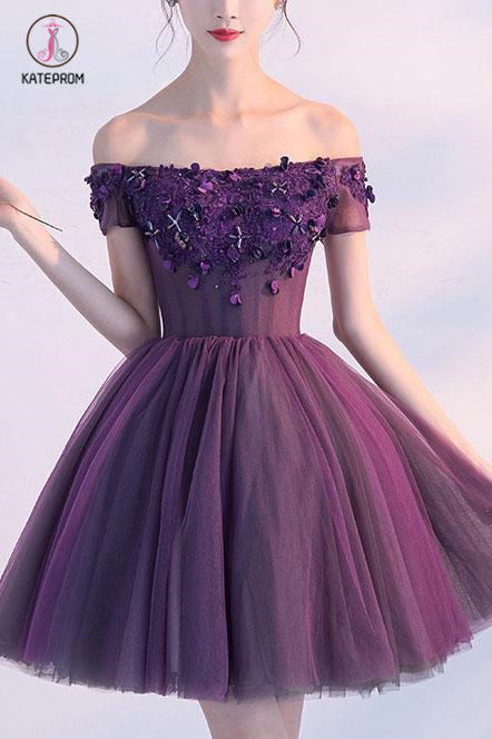 Grape A-line Off the Shoulder Tulle Short Homecoming Dress with Crystals,Mini Prom Dress KPH0271