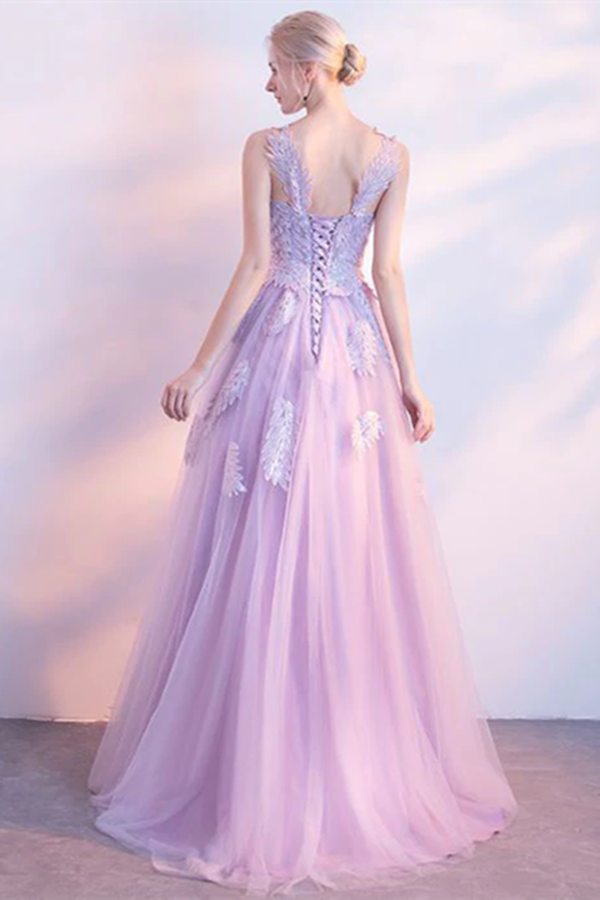 Chic Lilac Prom Dress A line Applique Modest Long Prom Dress Evening Dress KPP1613