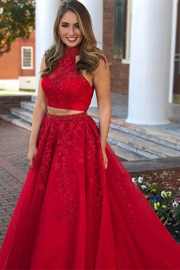 Delicate Halter Beaded Satin 2 Pieces A line Prom dresses With Appliques KPP1389