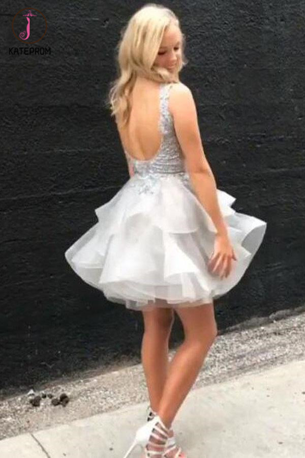 Silver Gray V Neck Sleeveless Tulle Homecoming Dress, Mini Tiered Prom Dress with Appliques KPH0389