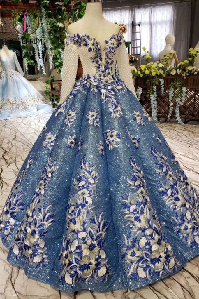 Ball Gown Prom Dresses Sheer Neck Long Sleeves Lace Up Back Sequins Appliques KPP0908