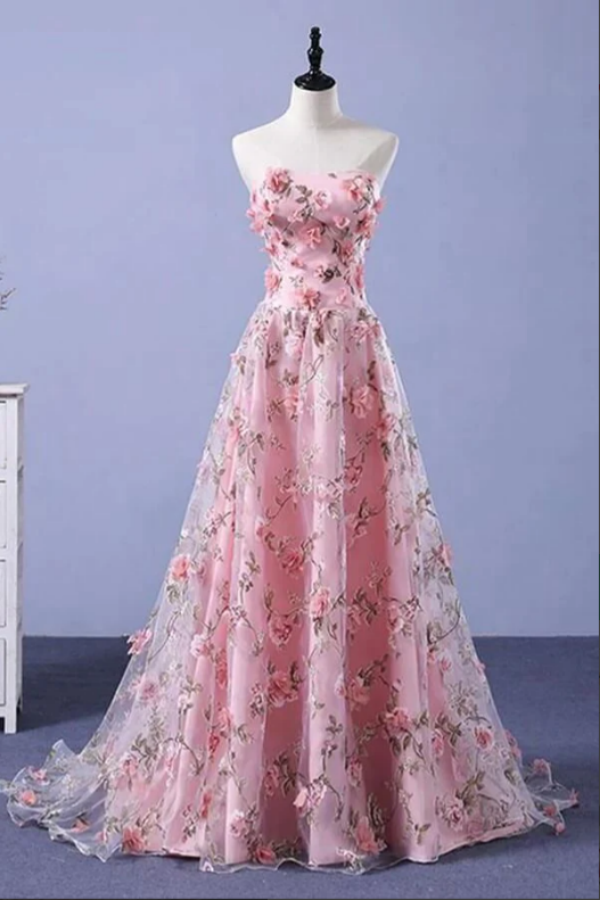 Pink Flower Appliques Strapless A line Long Prom Dresses, Evening Gowns KPP1651