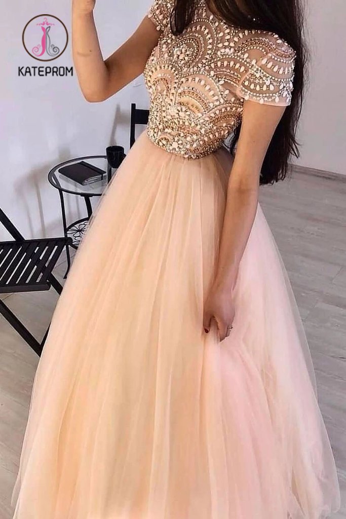 Floor Length Round Neck Tulle Prom Dress with Beading, Short Sleeves Long Evening Dress KPP1019