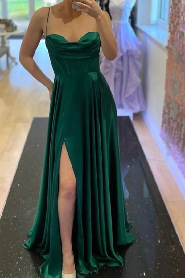 Elegant Green Satin Long Prom Dress with High Slit Formal Graduation Evening Dress KPP1610