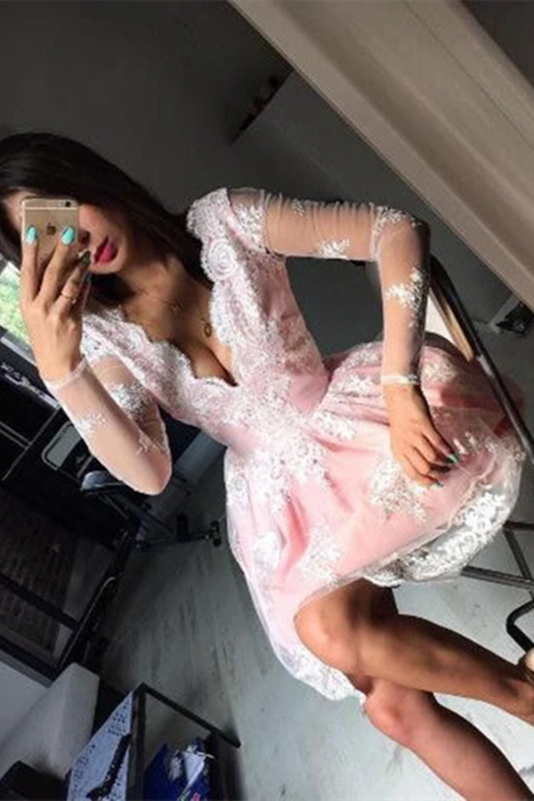 Cute A line Long Sleeves Pink Short Lace Appliques V Neck Homecoming Dress KPH0570
