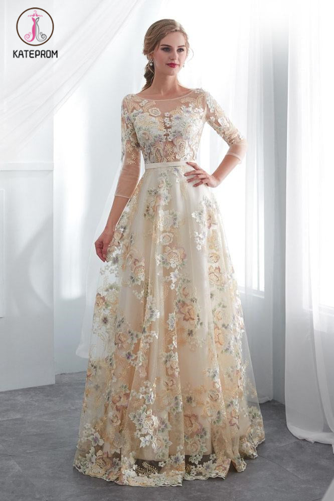 A Line Floor Length Floral Prom Dresses 3/4 Sleeves A-line Empire Waist Long Evening Gowns KPP1055