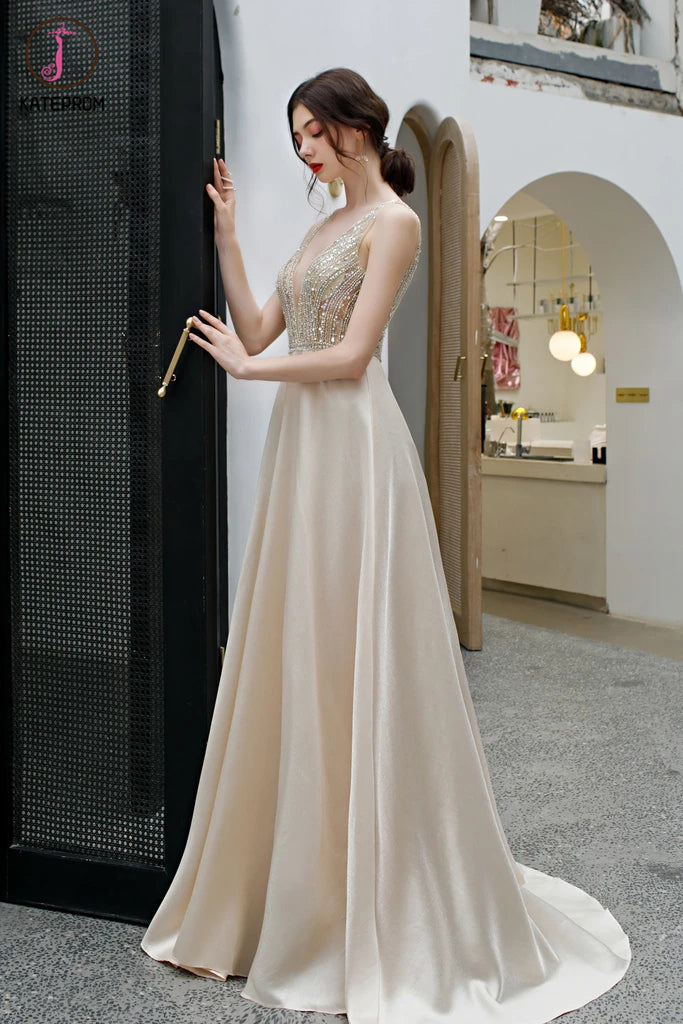 Elegant Deep V Neck Sleeveless Evening Dress with Sequins, Backless A Line Party Dress KPP1296