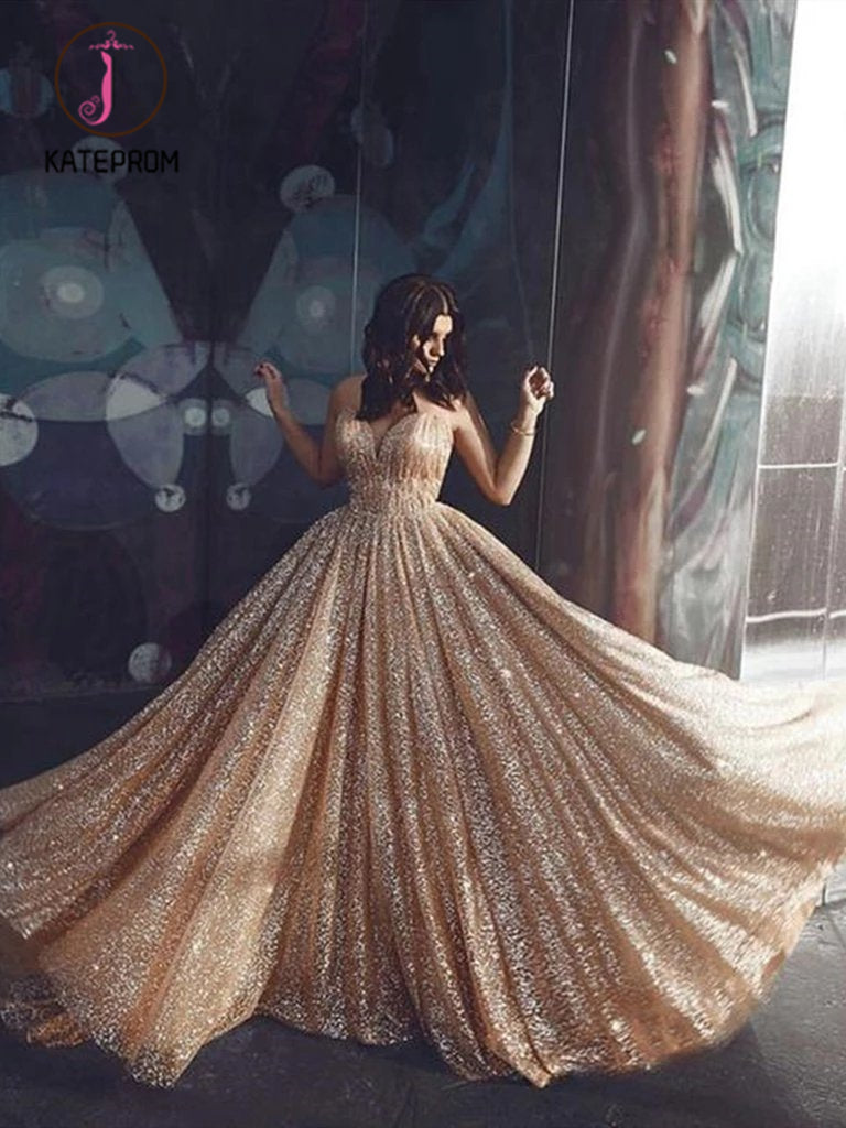 Glitter A Line Elegant Long Prom Dress, Spaghetti Straps Evening Party Dresses KPP1042