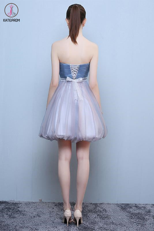 Princess Steel Blue Sweetheart Tulle Short Homecoming Dress, Cute Prom Dress with Beads KPH0456