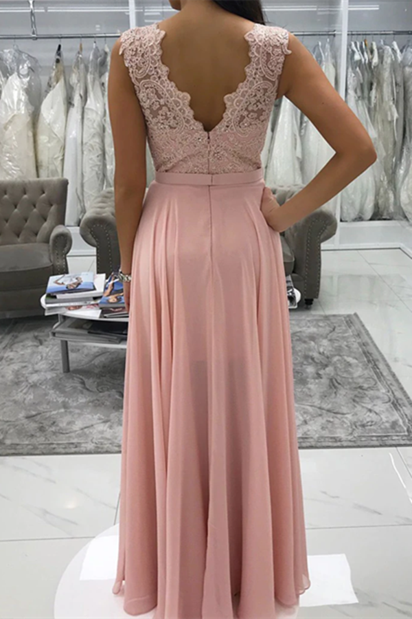 Delicate Chiffon V Neck Neckline A Line Prom Dresses With Beaded Appliques KPP1529