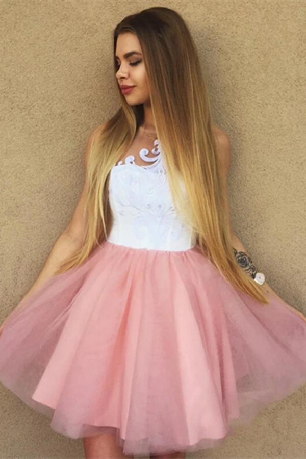 White Bodice Blush Pink Short Tulle Homecoming Dress, Party Dress KPH0577