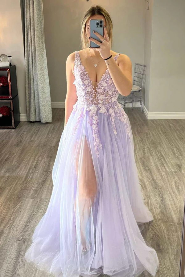 V Neck Purple Tulle Long Prom Dress with Lace Appliques, High Slit Lilac Lace Formal Graduation Evening Dress