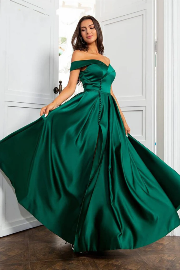 Off Shoulder Green Satin Long Prom Dress, Formal Graduation Evening Dress KPP1673