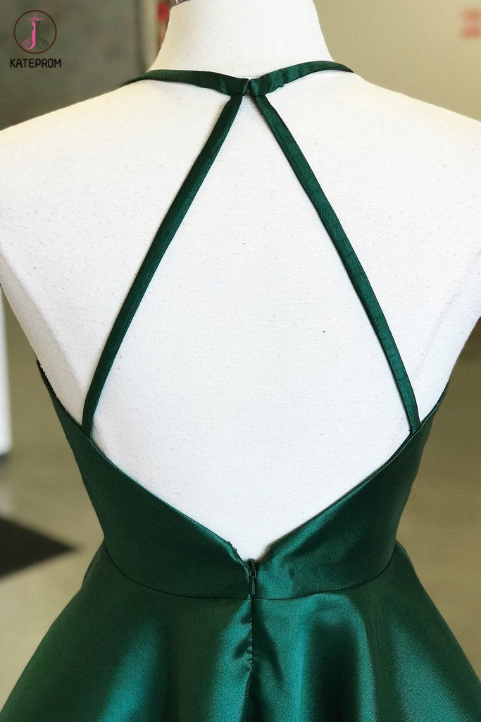 Dark Green Satin Spaghetti Strap Halter Open Back Short Homecoming Dresses KPH0518