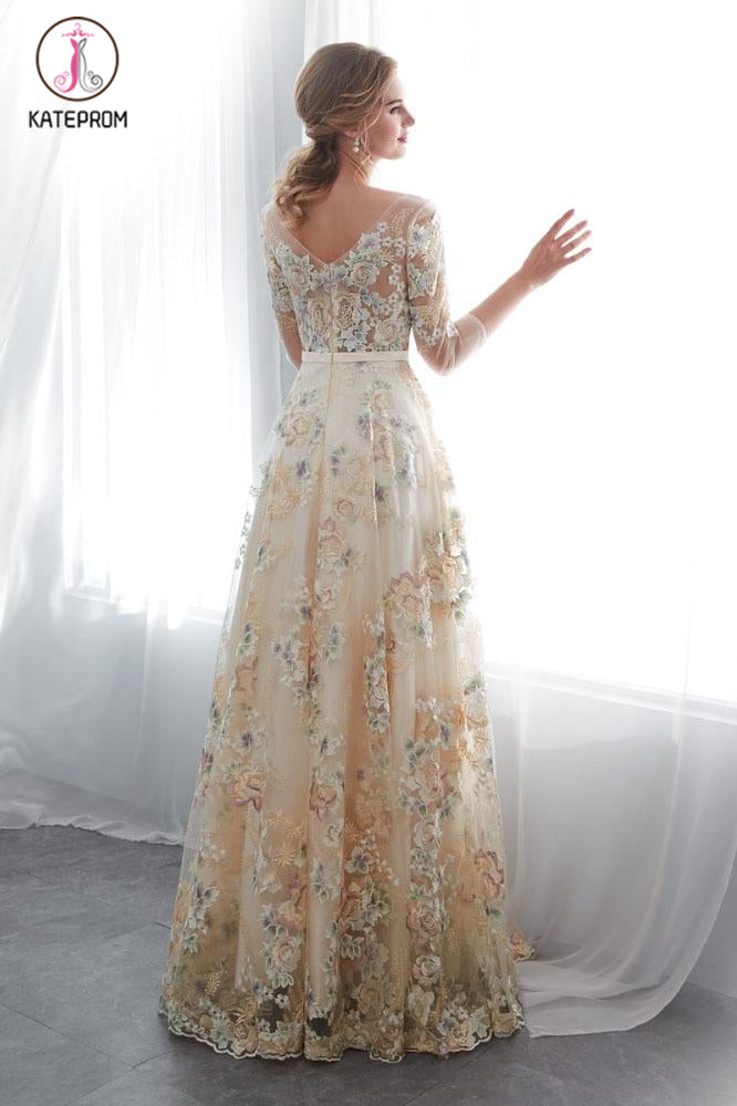 A Line Floor Length Floral Prom Dresses 3/4 Sleeves A-line Empire Waist Long Evening Gowns KPP1055