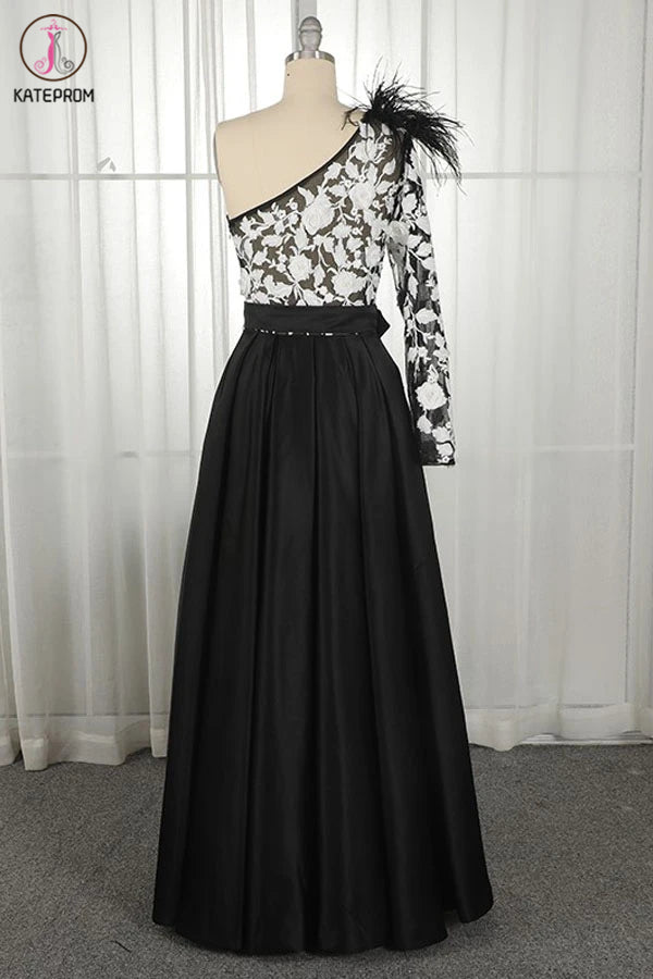 One-Shoulder Black Long Appliqued Split Prom Dress With Pockets Feathers KPP1262