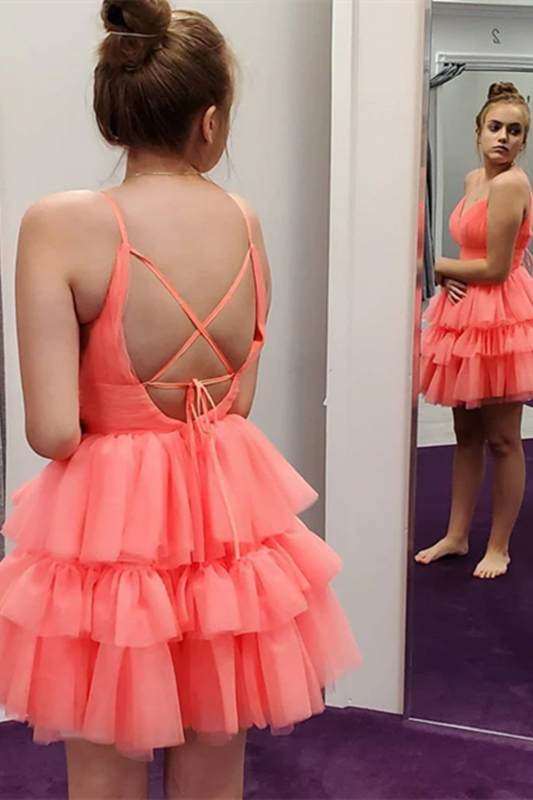 V Neck Layered Coral Short Prom Dresses Homecoming Dresses KPH0625