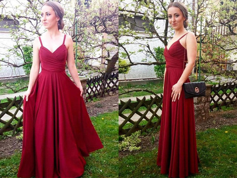 Simple Burgundy Straps Long Chiffon Prom Dress, Beautiful Party Dress KPP1415