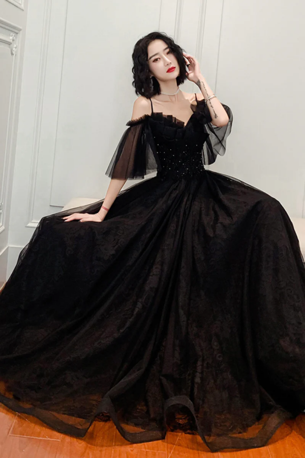 Black Lace Long A Line Prom Dress, Black Off the Shoulder Evening Dress KPP1746