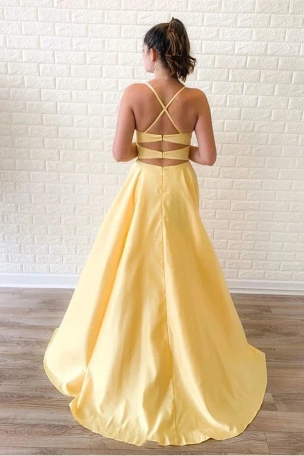 Yellow Sleeveless Split Long Prom Dresses, Sweep Train Evening Dress KPP1394