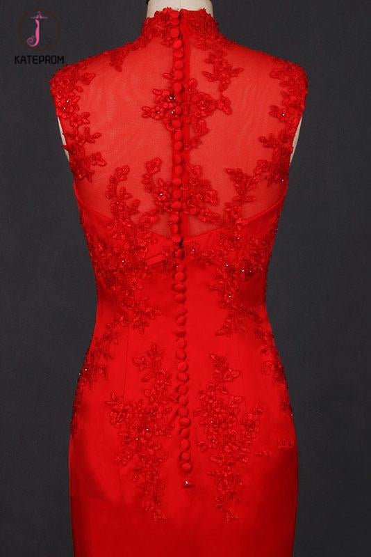 Red Sleeveless High Neck Sleeveless Satin Evening Dress Appliques Prom Dresses KPP1086