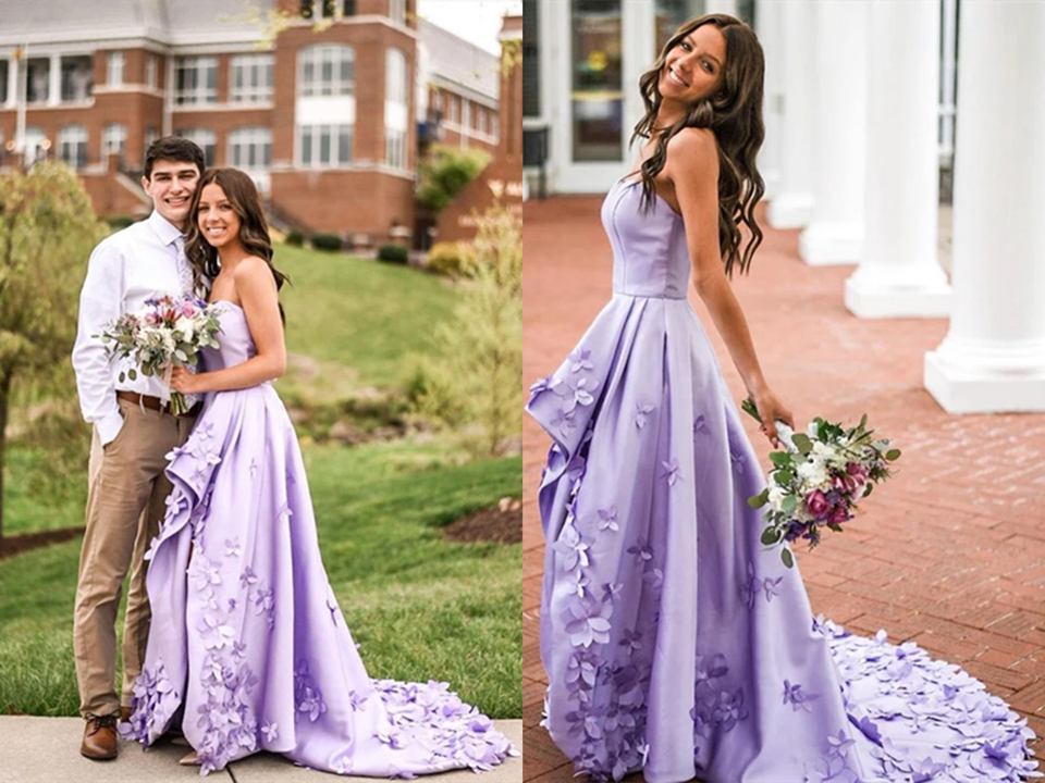 Graceful Satin Sweetheart Neckline High Low Length A line Prom Dresses With Appliqued KPP1450