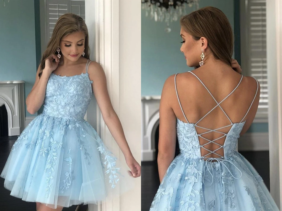 A Line Light Blue Tulle Homecoming Dress With Lace Appliques, Short Prom Dress KPH0580