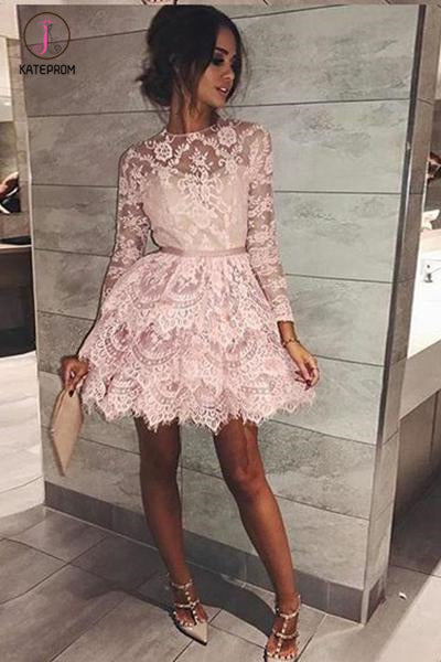 Mini Long Sleeve Jewel Homecoming Dress, Cute Sweet 16 Dress, A-line Lace Cocktail Dress KPH0281