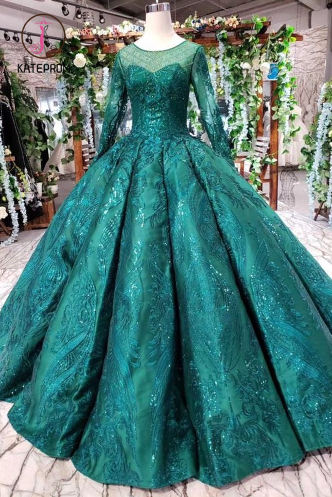 Dark Green Long Sleeves Ball Gown Prom Dress with Beads, Quinceanera Dress KPP0906