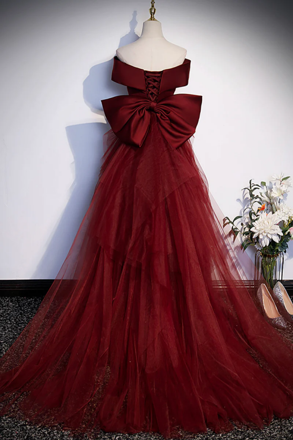 Burgundy Mermaid Long Prom Dress, Off the Shoulder V Neck Formal Evening Dress KPP1756