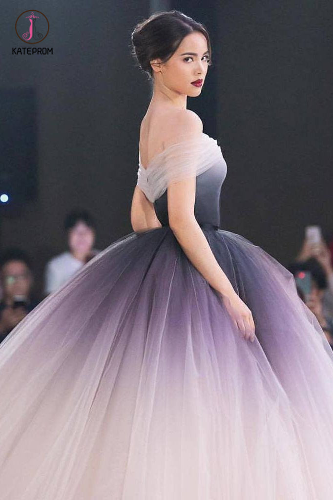 Puffy Off the Shoulder Ombre Prom Dress, Unique Tulle Long Evening Dresses KPP0825