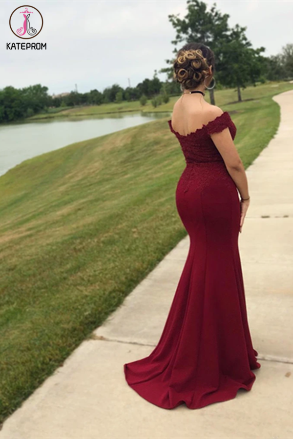 Long Burgundy Mermaid Prom Dresses Off-the-Shoulder Lace Prom Dress KPP1320