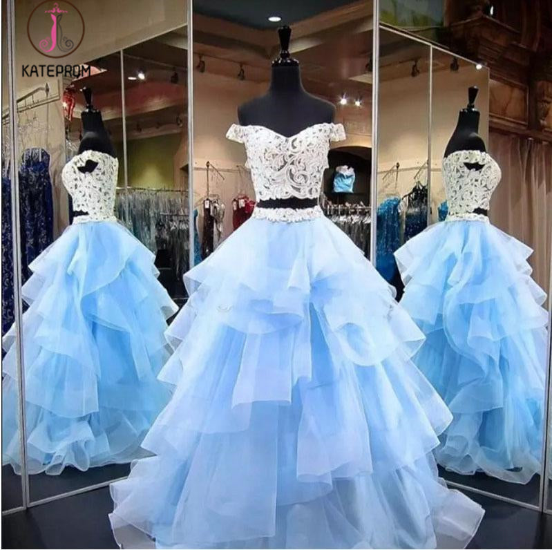 Two Piece Off-the-Shoulder Tiered Blue Tulle Long Prom Dress with Lace KPP0617