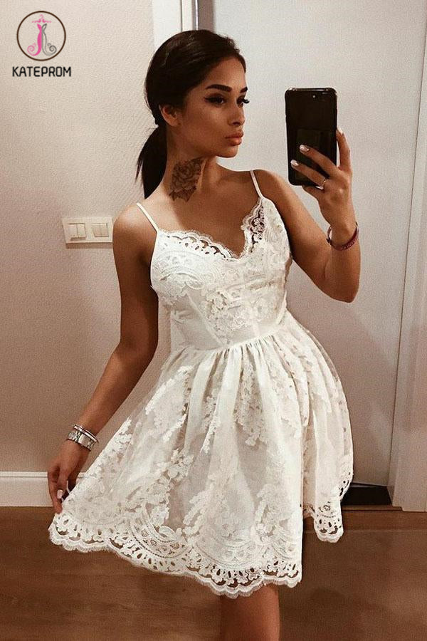 A-Line Spaghetti Straps Backless Ivory Lace Homecoming Dress with Appliques KPH0388