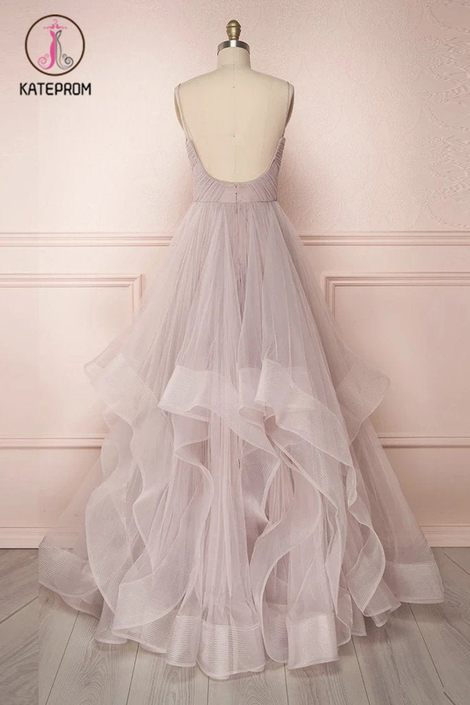 Spaghetti Straps Pleated Floor Length Tulle Prom Dress, A Line Long Evening Dresses KPP1246