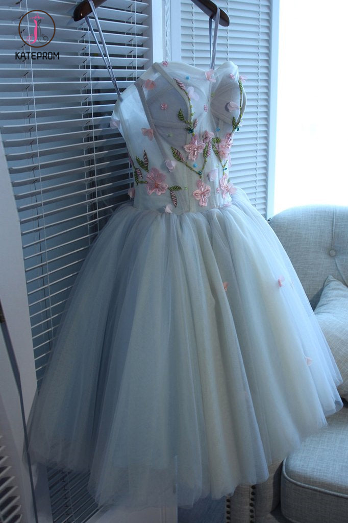 Beautiful Sweetheart Tulle Graduation Dress with Flower, A Line Strapless Cute Homecoming Dress KPH0350