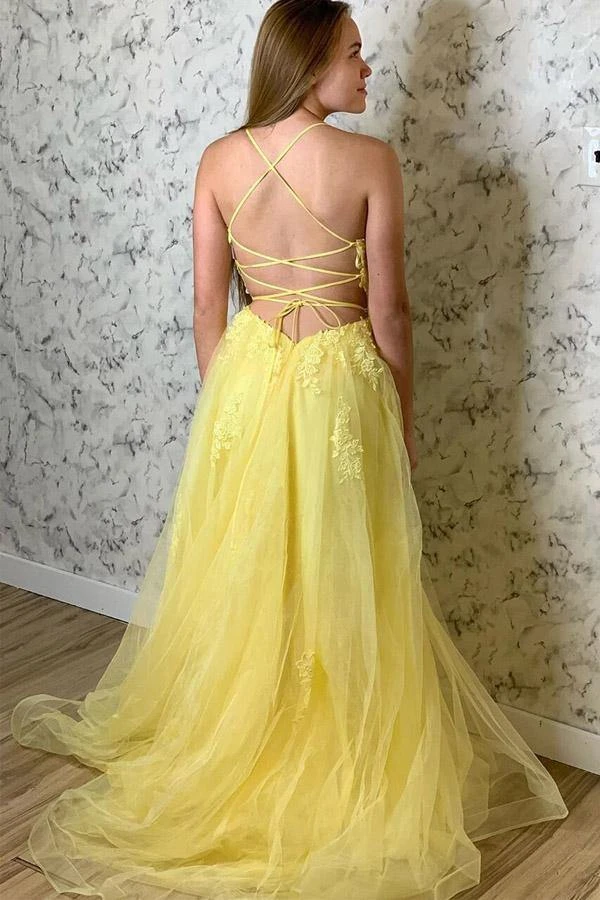 A Line Spaghetti Straps Yellow Split Long Prom Dress With Lace Appliques KPP1374