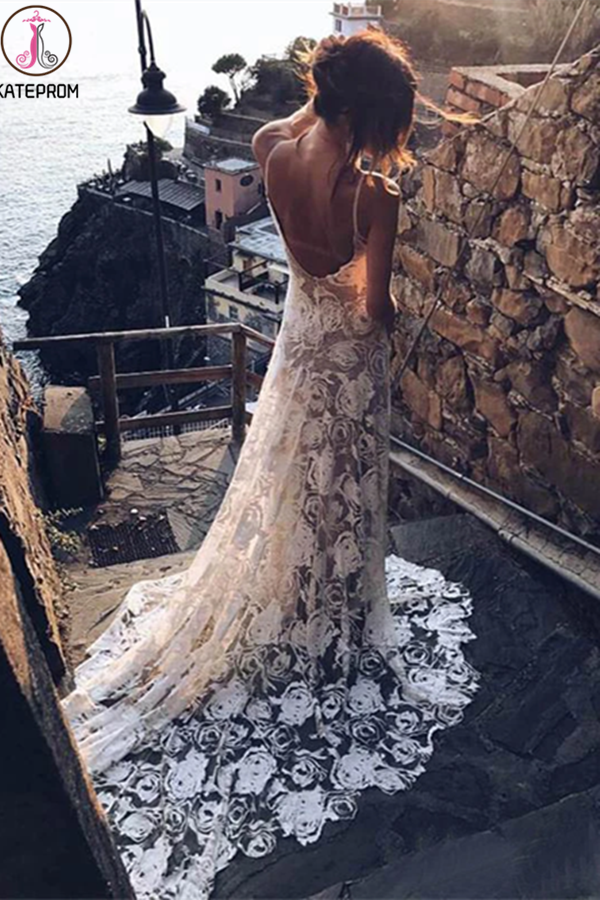 Rose Lace Sheath Wedding Dresses Spaghetti Strap Boho Beach Wedding Dress KPW0618