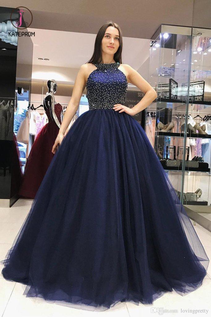 Sparkly Dark Blue Ball Gown Sweet Beading Tulle Long Prom Dresses, Shiny Evening Dress KPP0641