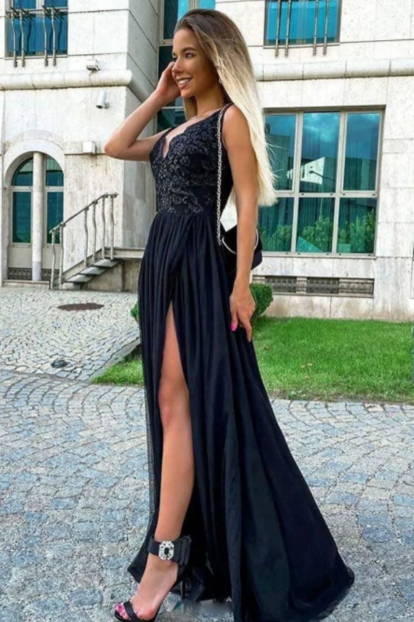 Black V Neck Chiffon Lace Long Prom Evening Dress KPP1650