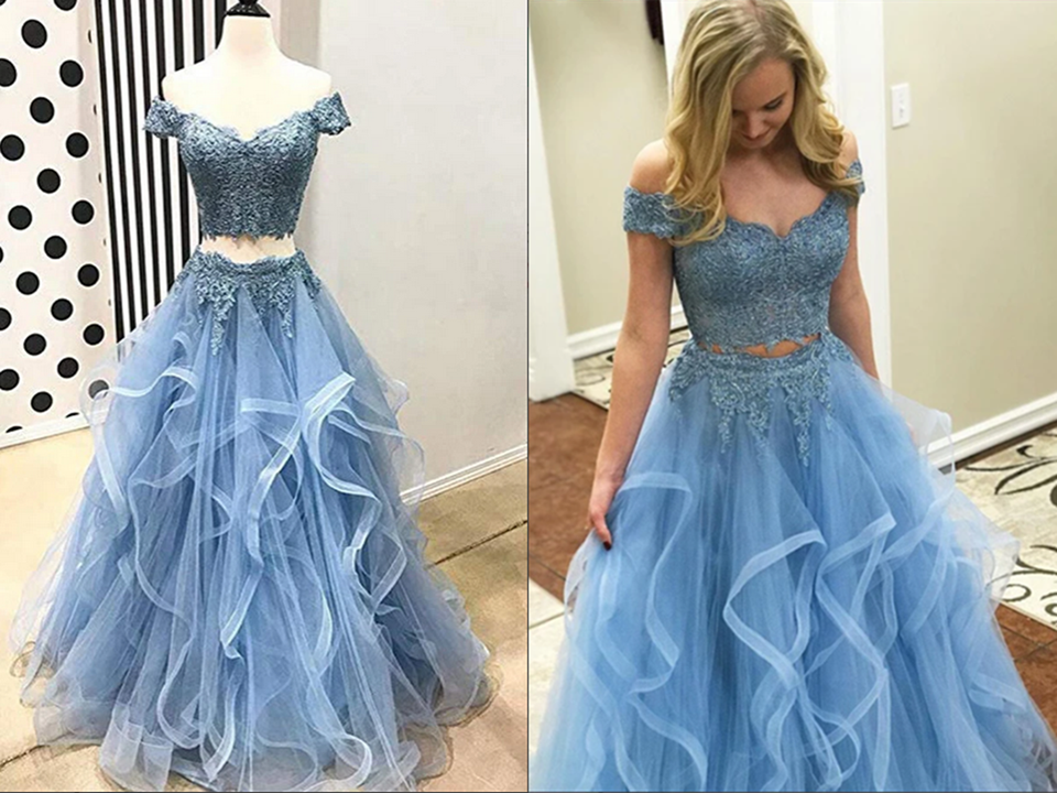 Blue Tulle Off Shoulder Two Piece Prom Dresses Lace Formal Dresses KPP1399