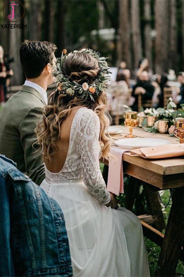 Scoop Long Sleeve Lace Wedding Dresses Vintage Romantic Wedding Gowns Bridal Gown KPW0620