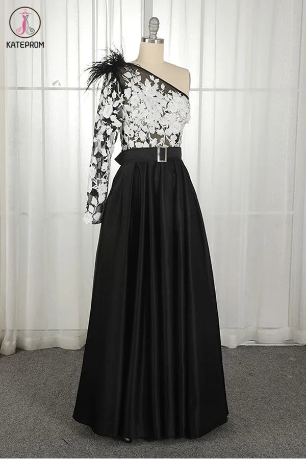One-Shoulder Black Long Appliqued Split Prom Dress With Pockets Feathers KPP1262