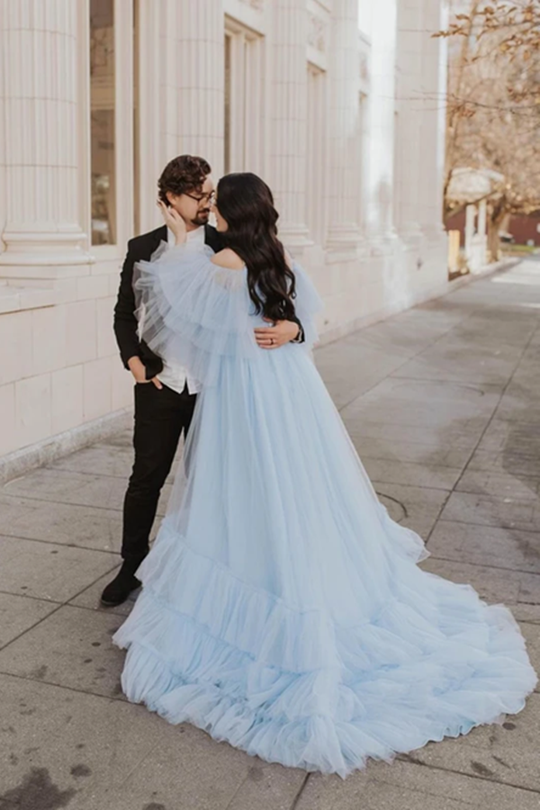 Elegant Spaghetti Straps Off The Shoulder Long Sleeves Tiered Tulle Sweep Train Prom Dresses KPP1396