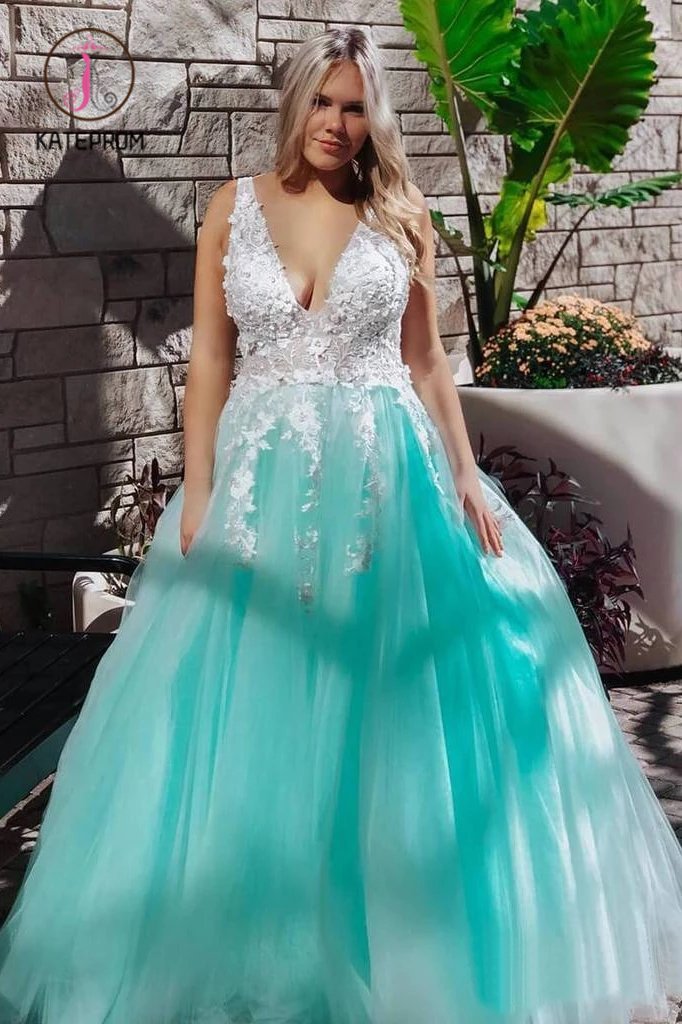 Stunning Lace Applique Long Prom Dresses Quinceanera Dress with Flowers KPP0976
