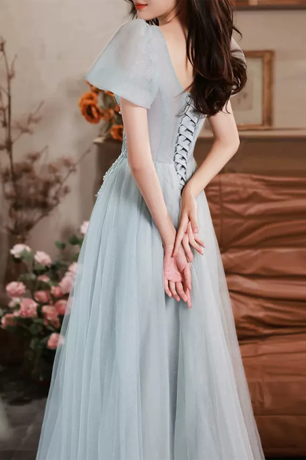 Short Sleeves Beaded Blue Long Prom Dress, Princess Blue Formal Graduation Evening Dress KPP1725