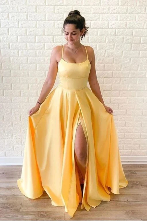 Yellow Sleeveless Split Long Prom Dresses, Sweep Train Evening Dress KPP1394