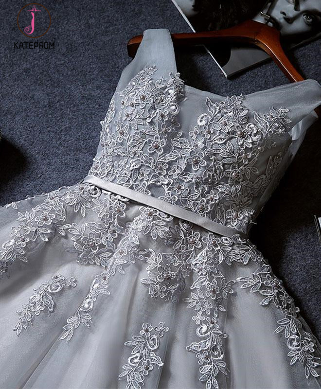 Red Cute V Neck Sleeveless Appliques Tulle Homecoming Gown, A Line Short Prom Dress KPH0334