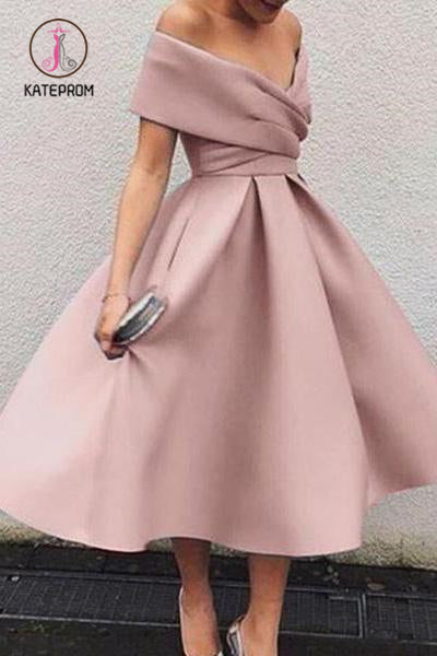 Green Off the Shoulder Tea Length Satin Homecoming Dress, Cute Senior Prom Dress KPP0869